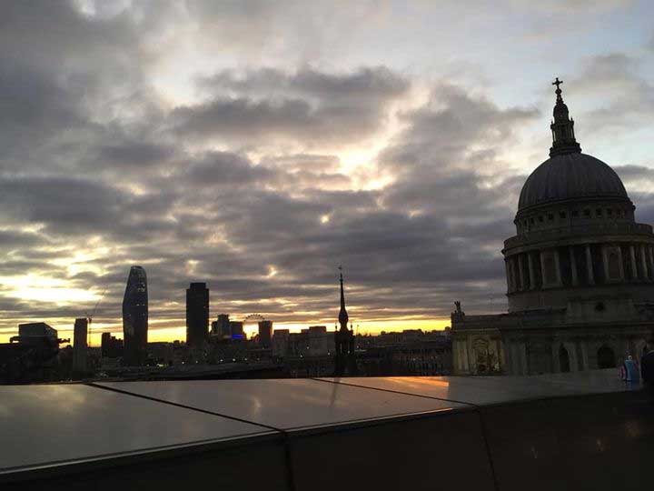 A skyline shot of the cathedral at dusk.