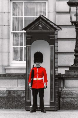 A Red Uniformed Coldstream Guard Outside Buckingham Palace