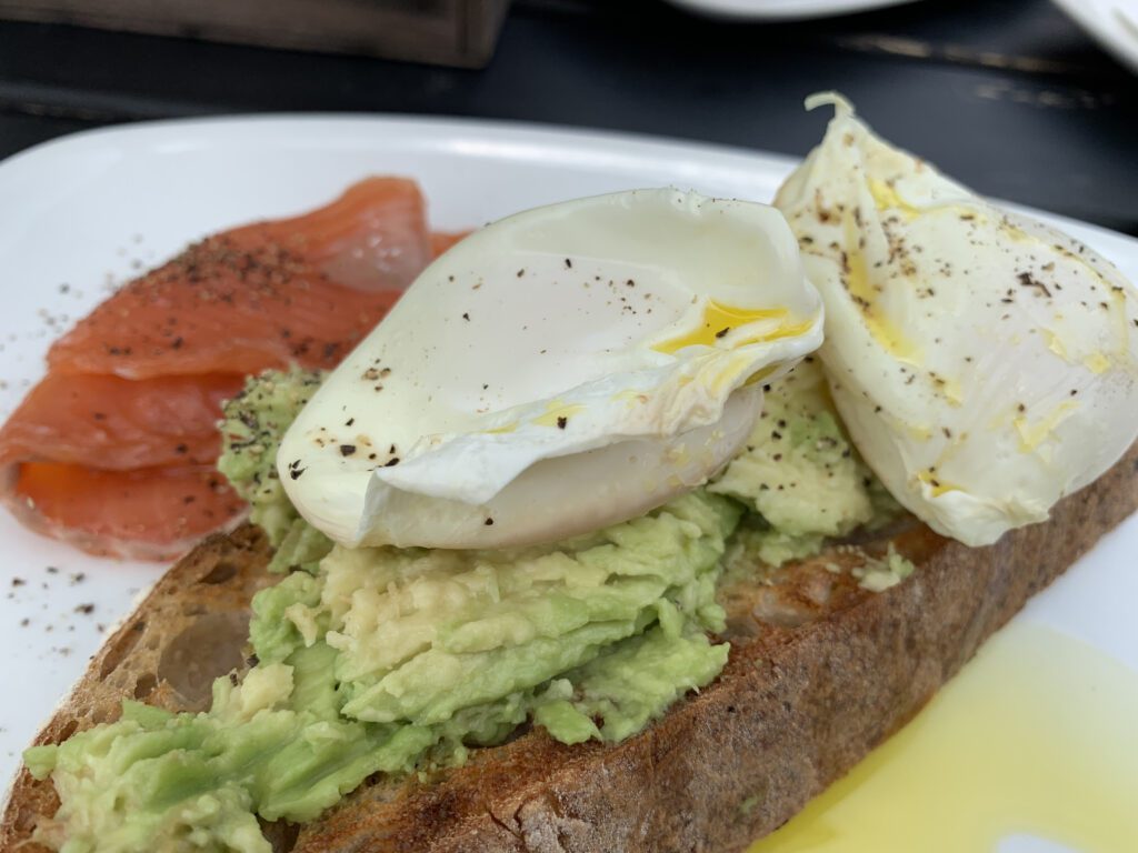 Avocado and poached eggs on toast with smoked salmon at the Ram Inn near Lewes