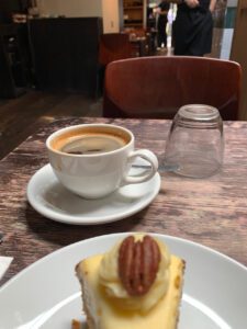 My slice of carrot cake and coffee served in the La Fromagerie cafe