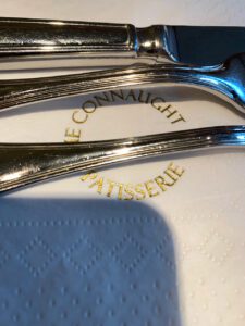 An embossed napkin at The Connaught Patisserie.