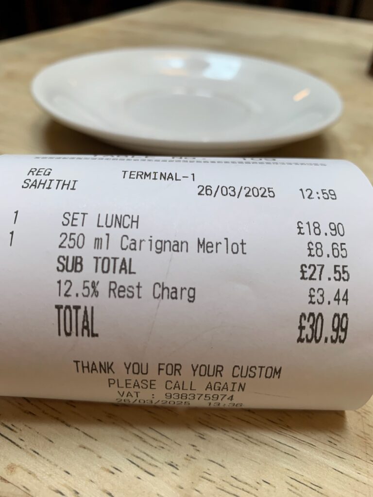 The final bill. A very modest £31.